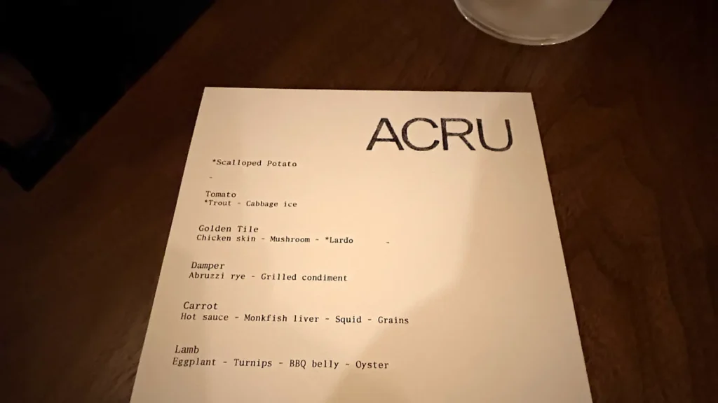 Acru NYC’s menu showcasing their fixed menu concept in the cosy restaurant located on MacDougal Street, Greenwich Village.