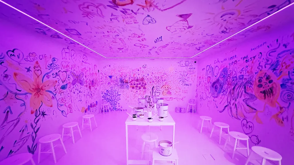 The painting room at Alchemist—where guests can play with edible paint, creating art on walls and ceilings