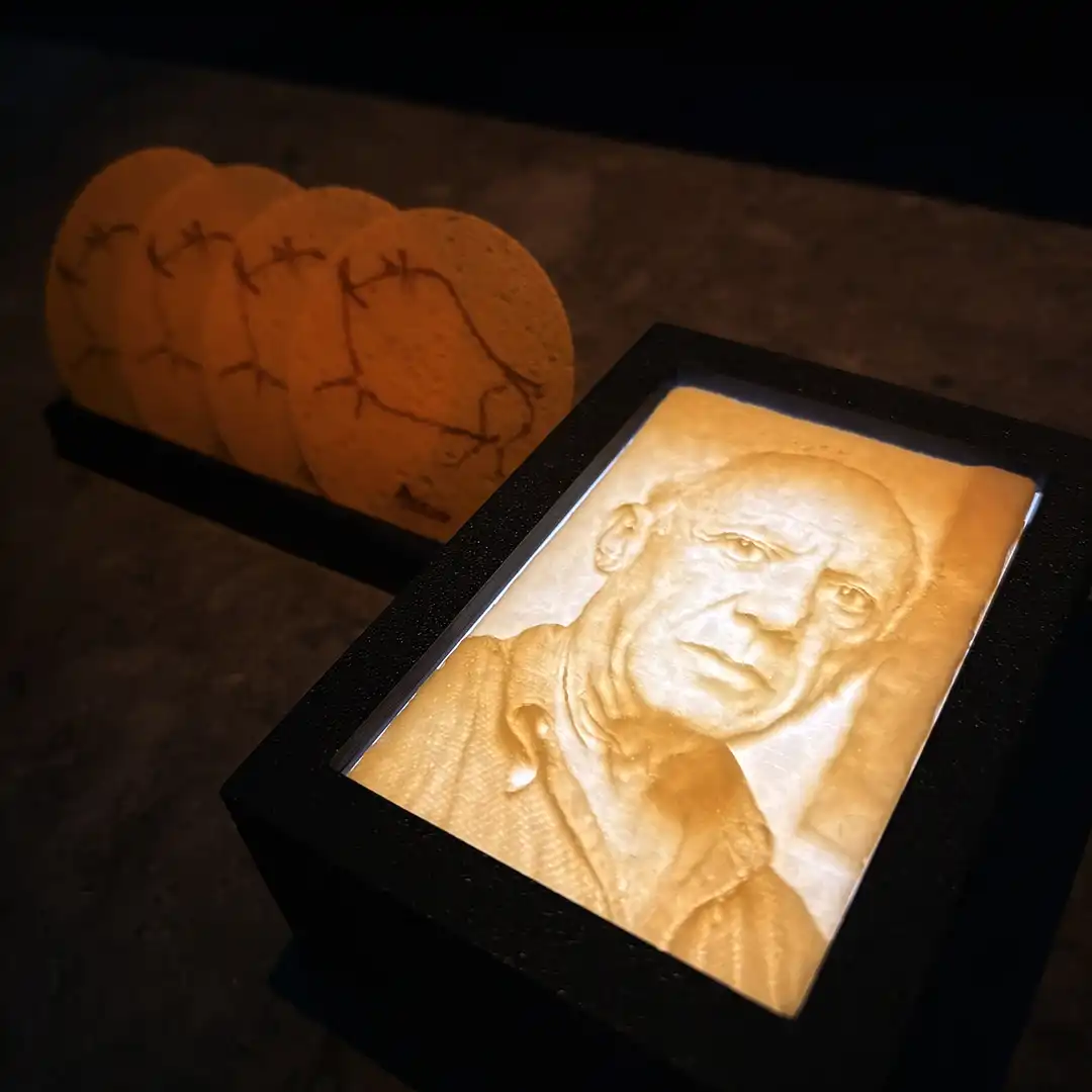 n artistic food presentation inspired by lithophane art, showcasing light and shadow