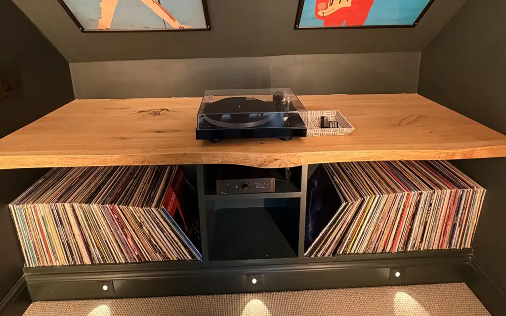 Vinyl collection and record player in The Playroom at Dormy House