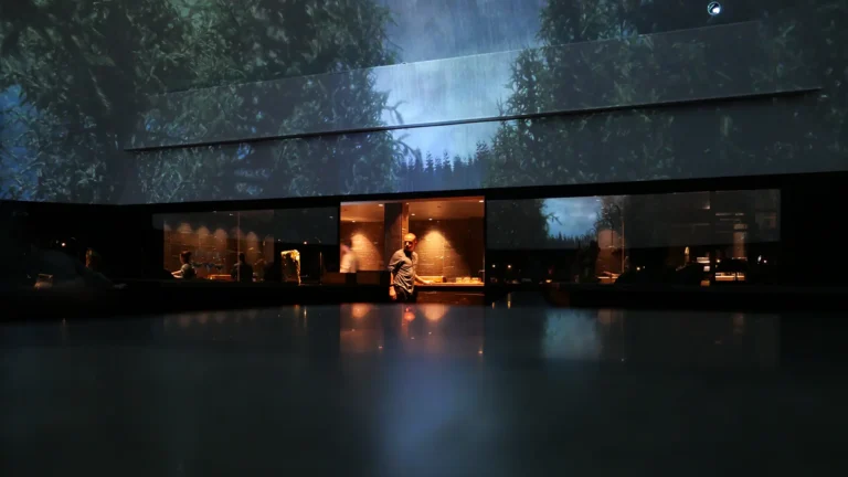 Alchemist restaurant dome kitchen with forest projection and chef silhouette in Copenhagen
