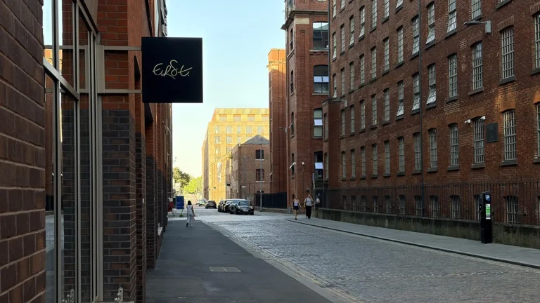 Erst restaurant sign on a cobbled street in Ancoats, Manchester